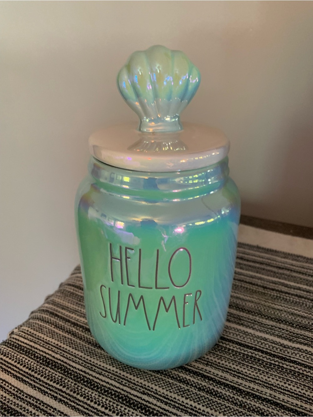 Rae Dunn Iridescent "Hello Summer" Ceramic Jar - Seafoam Green